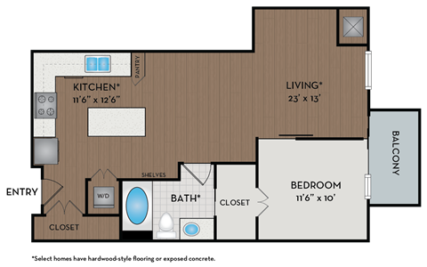 A floor plan of a small apartment with a kitchen, bathroom, and bedroom.